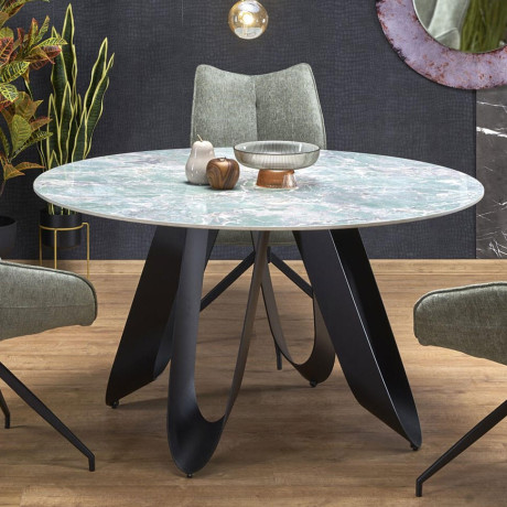 GIOVANI HALMAR Round Dining Table with Green Marble Stone Top and Black Metal Legs