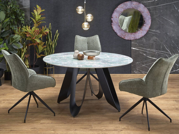 GIOVANI HALMAR Round Dining Table with Green Marble Stone Top and Black Metal Legs