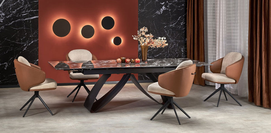HILARIO HALMAR Unfolded Rectangular Dining Table with Black Marble Stone Top and Black Metal Legs