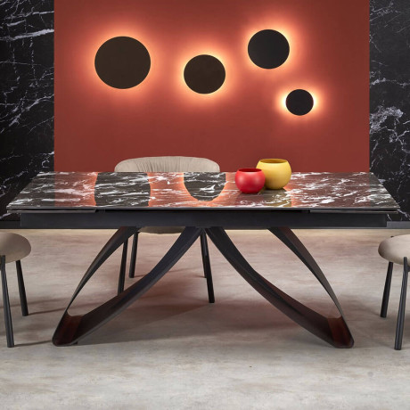 HILARIO HALMAR Unfolded Rectangular Dining Table with Black Marble Stone Top and Black Metal Legs