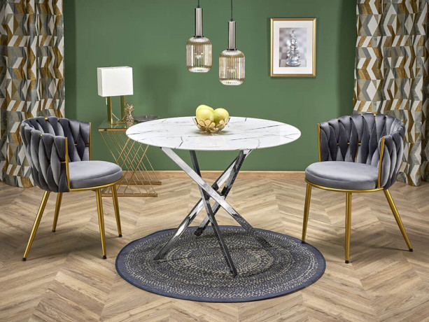RAYMOND 3 HALMAR Round Dining Table with White Marble Glass Top and Chrome Metal Legs