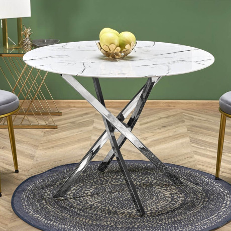 RAYMOND 3 HALMAR Round Dining Table with White Marble Glass Top and Chrome Metal Legs