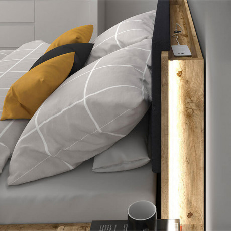 LOZ/160/B-POL-NAK TETRIX BRW Bed 160 with Shelf, Soft Headboard and Lifting Mechanism